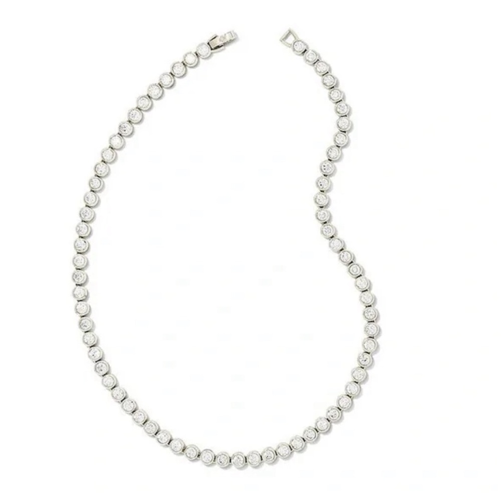 Kendra Scott Carmen Bright Silver Tennis Necklace White Crystal NWT